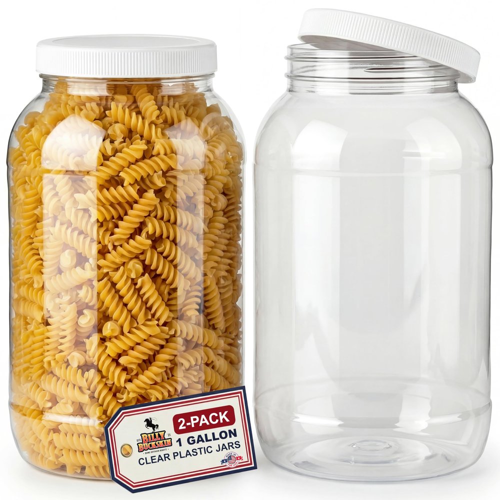 1 Gallon Large Plastic Jars with Lids (2 Pack) - Food Safe & Air Tight - Large Clear Plastic Containers with Lids - Wide Mouth Food Storage Jars - Kitchen & Pantry Organization by Billy Buckskin