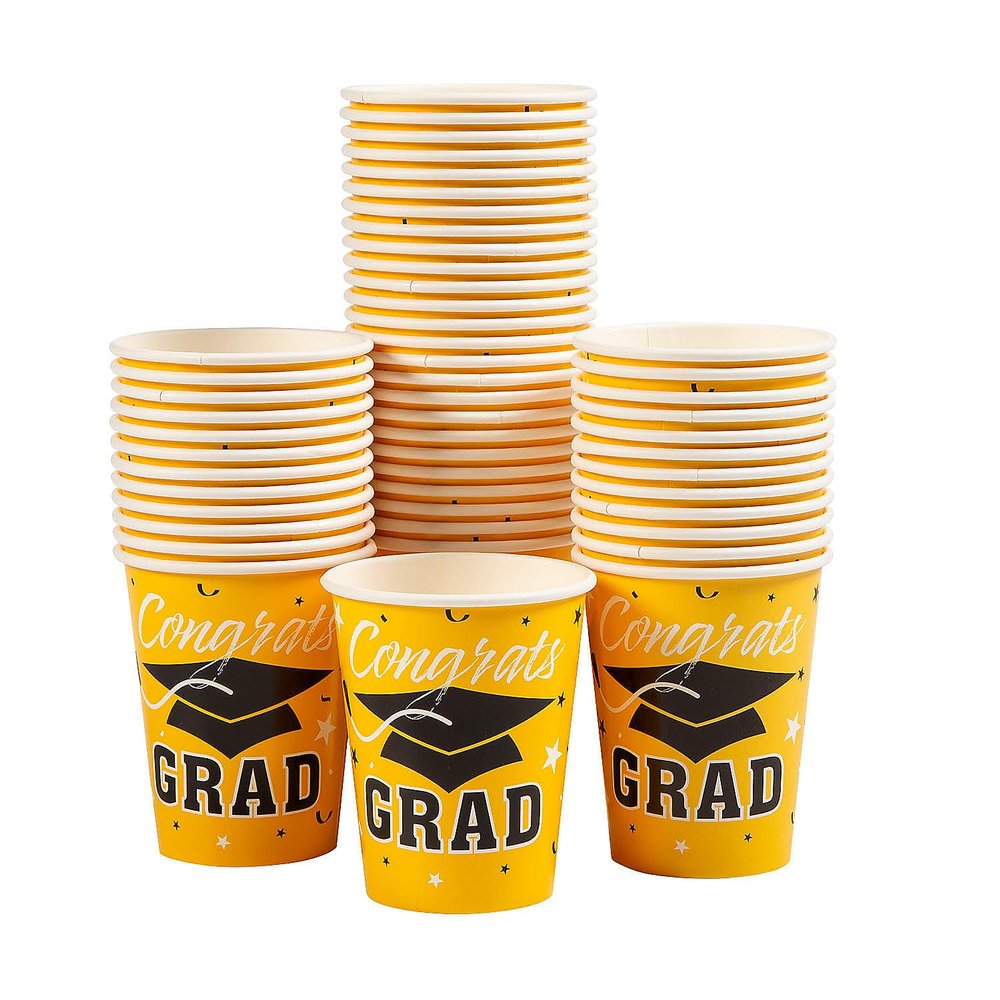 Fun Express Yellow Graduation Party Congrats Grad & Cap Paper Cups Bulk 50 Pc
