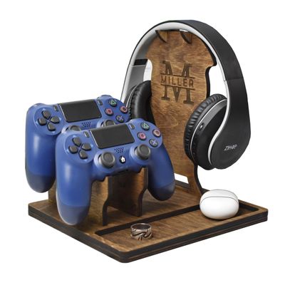 Wooden Headphone and Controller Stand, Personalized Gift, Headset Stand, Headphone and Gaming Controller Holder, Christmas Gift for Gamers