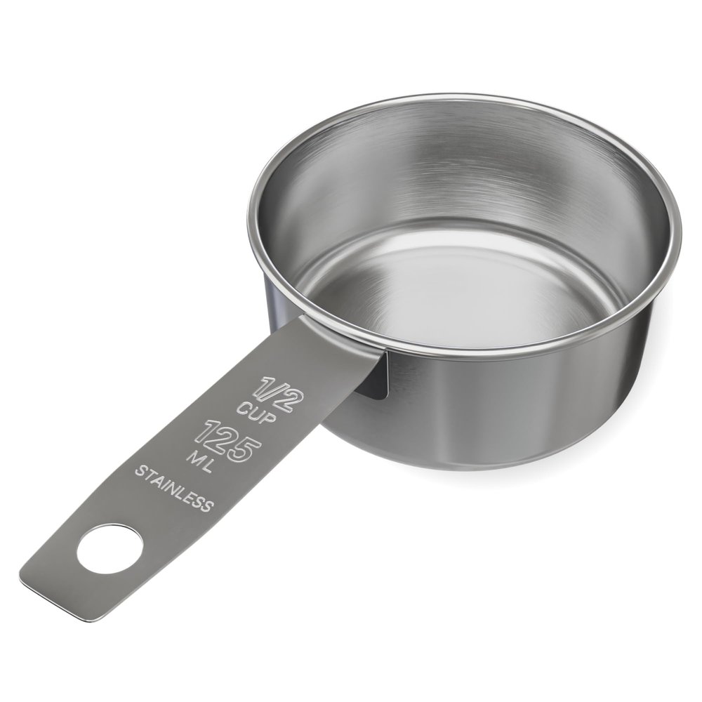 1/2 Cup Stainless Steel Measuring Cup | Sturdy Metal 125 ml | 125 cc | 4 oz | Single Cup for Wet and Dry Ingredients | Great for use as 1/2 Cup Dog Food Scoop - 1 PK