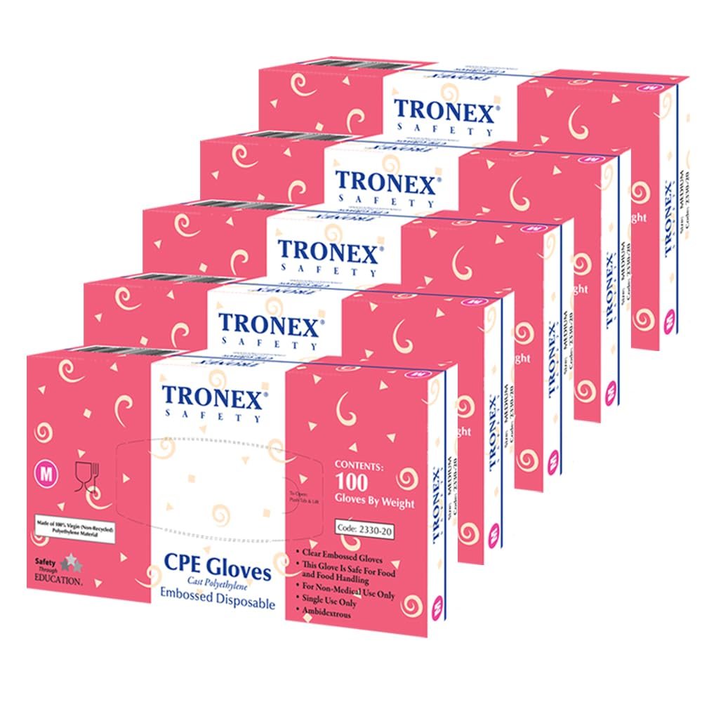 TRONEX 2330 Food Safe Cast Polyethylene CPE Embossed Clear Plastic Poly PE Disposable Gloves for Sushi, Sandwich, and Bakery Preparation, Large, 5 Boxes of 100