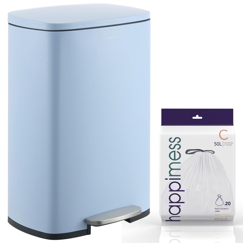 happimess HPM1006H Connor Rectangular 13-Gallon Trash Can with Soft-Close Lid and Free Mini Trash Can, Fingerprint Resistant, Modern, Minimalistic for Home, Kitchen, Office, Bathroom, Tide Pool Blue