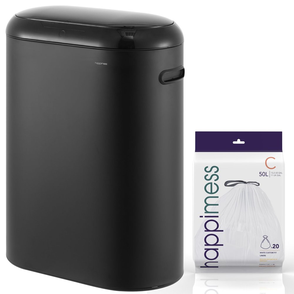 happimess HPM1016B Robo Kitchen 13.2-Gallon Slim Oval Motion Sensor Touchless Trash Can with Touch Mode, Fingerprint Resistant, Modern, Minimalistic for Kitchen, Office, Bathroom, Charcoal Black
