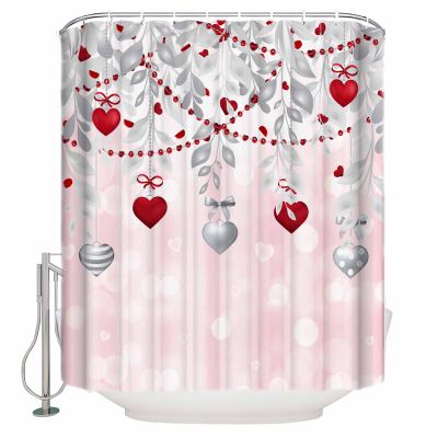 Valentine's Day Shower Curtain for Bathroom 48" x 72", Love Grey Red Love Heart Eucalyptus Leaf Pink Shower Curtain with Hooks Polyester Waterproof Home Bathtub Decor