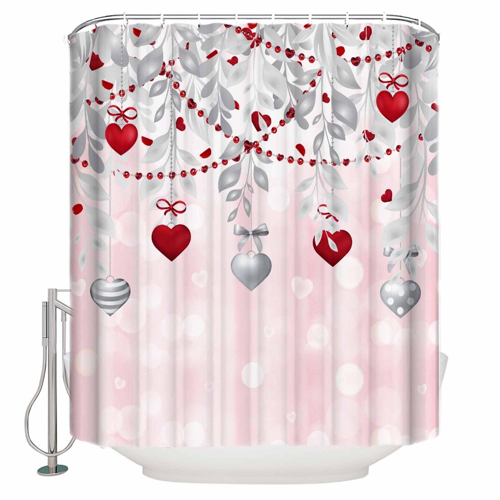 Valentine's Day Shower Curtain for Bathroom 48" x 72", Love Grey Red Love Heart Eucalyptus Leaf Pink Shower Curtain with Hooks Polyester Waterproof Home Bathtub Decor