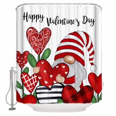 Happy Valentine's Day Shower Curtain for Bathroom 48" x 72", Love Heart Trees Red Gnome White Shower Curtain with Hooks Polyester Waterproof Home Bathtub Decor