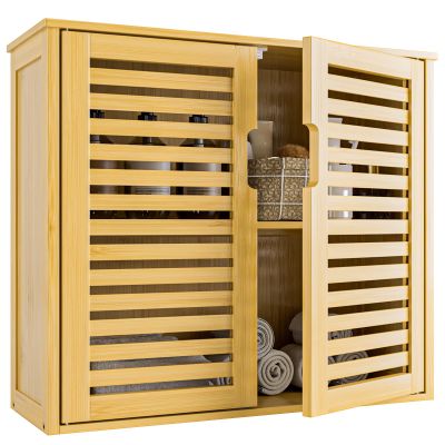 HITNET Bathroom Wall Cabinet, Medicine Cabinet Over the Toilet, Bamboo Hanging Storage Organizer with 2 Doors and Adjustable Shelf for Kitchen, Living Room, Natural