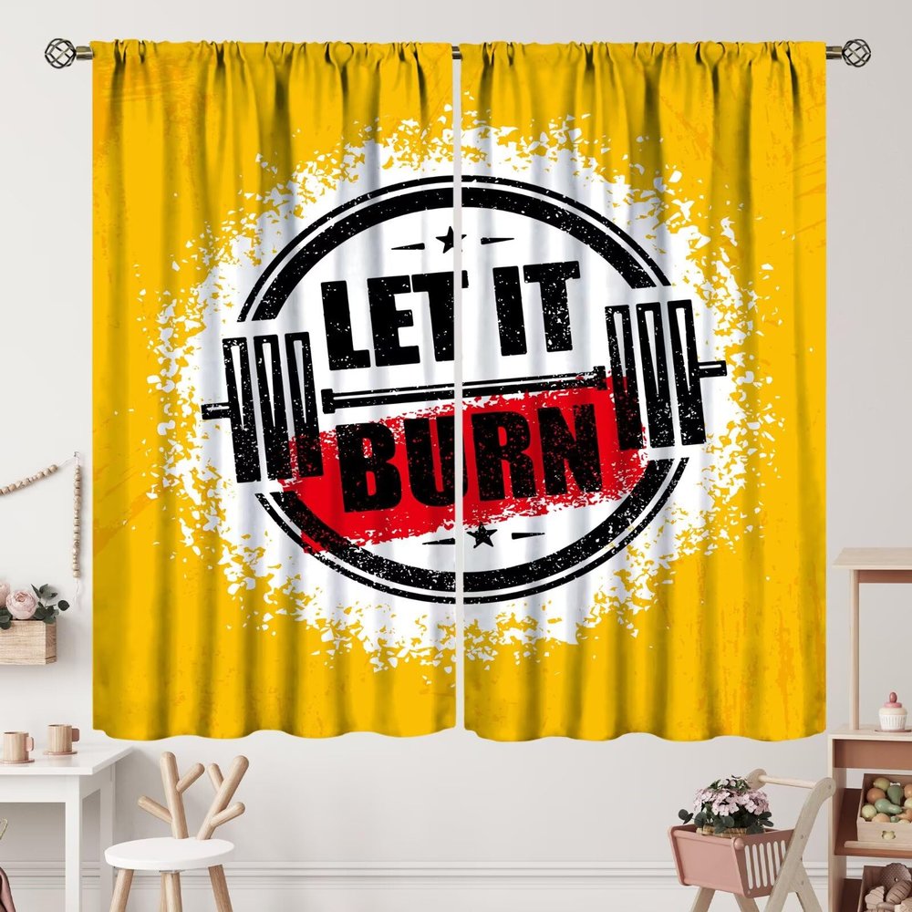 ZhiRain Fitness Curtains, Burn Gym Workout Strong Training Motivation Active Healthy Life, Curtain with Rod Pocket for Room Home Decor Drapes Window Treatments 2 Panels Set 52x84in