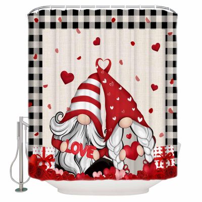 Valentine's Day Shower Curtain for Bathroom 72" x 84" Gnome Red Love Heart Roses Linen Texture Shower Curtain with Hooks Polyester Waterproof Home Bathtub Decor