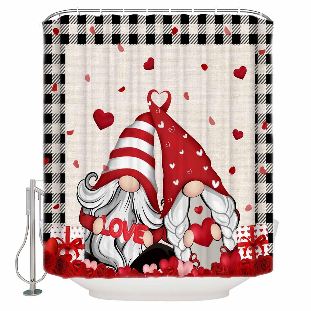 Valentine's Day Shower Curtain for Bathroom 72" x 84" Gnome Red Love Heart Roses Linen Texture Shower Curtain with Hooks Polyester Waterproof Home Bathtub Decor