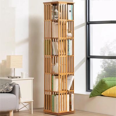 JOSKAA Small Bookshelf for Small Spaces, 5/6 Tier Rotating Bookshelf Tower, 360 Display Floor Standing Bookcase Storage Rack, Simple Household Bamboo Book Shelf Organizer for Bedroom,WoodColor-6Tier