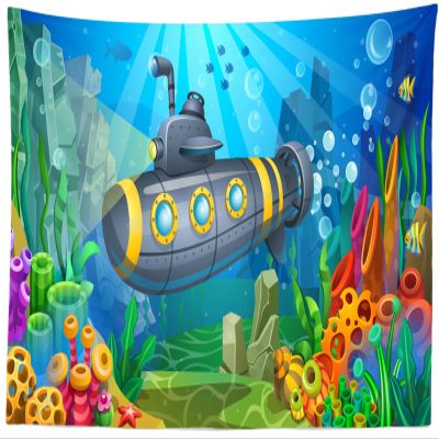 CORFOTO 180x98 Inch Cartoon Submarine Tapestry Wall Hanging Underwater World Algae, Corals, Sponges and Fish Undersea Scenery Background for Living Room Bedroom Dorm Wall Hanging Decor