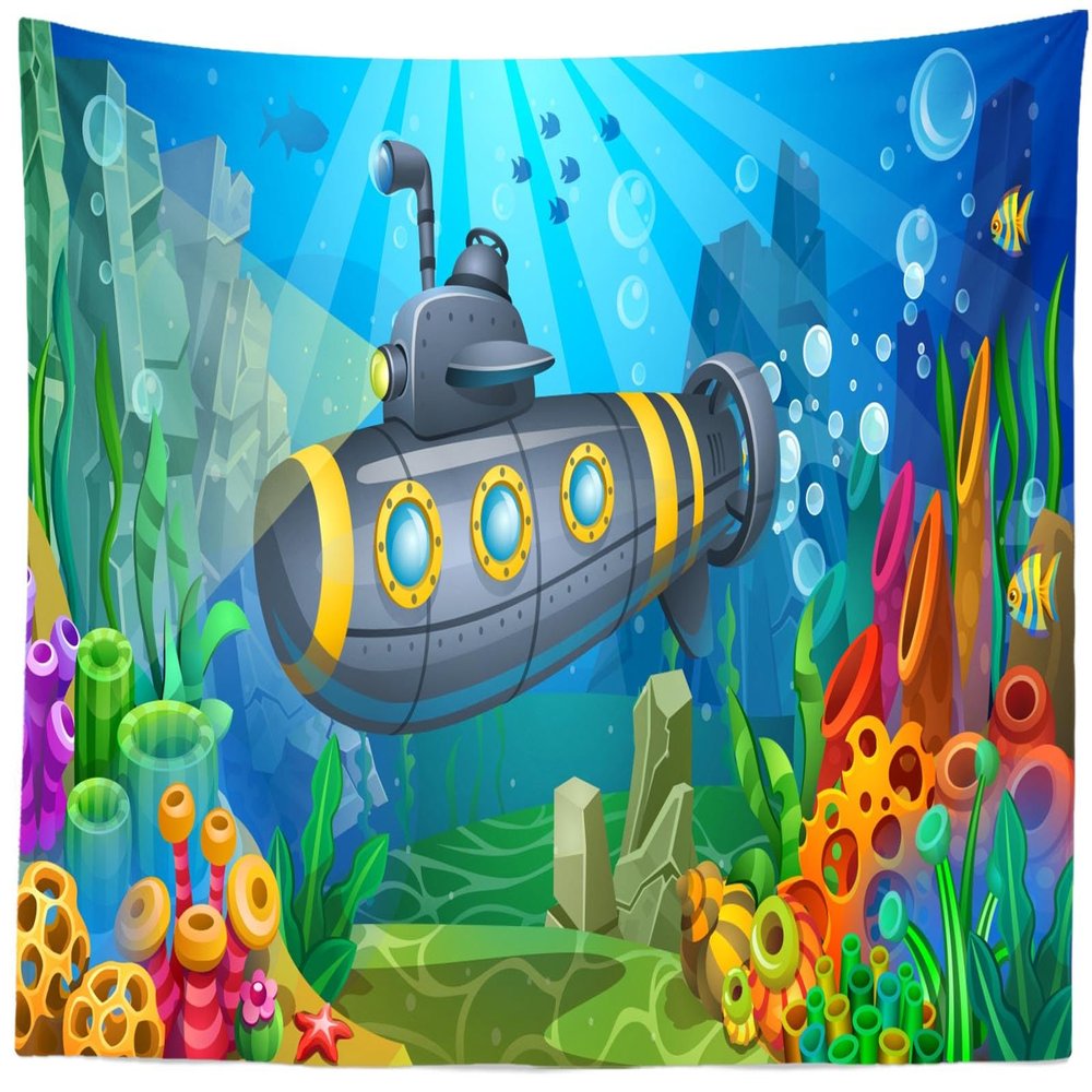 CORFOTO 180x98 Inch Cartoon Submarine Tapestry Wall Hanging Underwater World Algae, Corals, Sponges and Fish Undersea Scenery Background for Living Room Bedroom Dorm Wall Hanging Decor