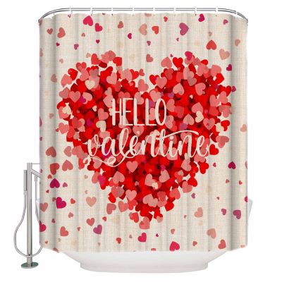Hello Valentine's Day Shower Curtain for Bathroom 60" x 72", Romantic Love Heart Linen Texture Shower Curtain with Hooks Polyester Waterproof Home Bathtub Decor