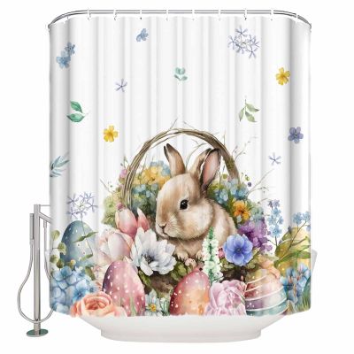 Easter Shower Curtain for Bathroom 72" x 78", Spring Watercolorful Style Flowers Easter Eggs Rabbit Shower Curtain with Hooks Polyester Waterproof Home Bathtub Decor