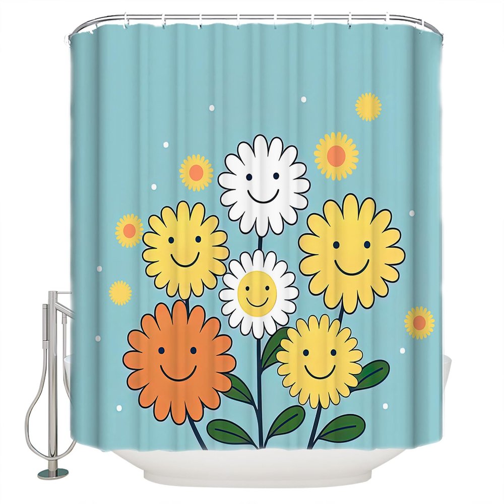 Abstract Shower Curtain for Bathroom 60" x 72", Cute Yellow and White Smile Flowers Blue Shower Curtain with Hooks Polyester Waterproof Home Bathtub Decor