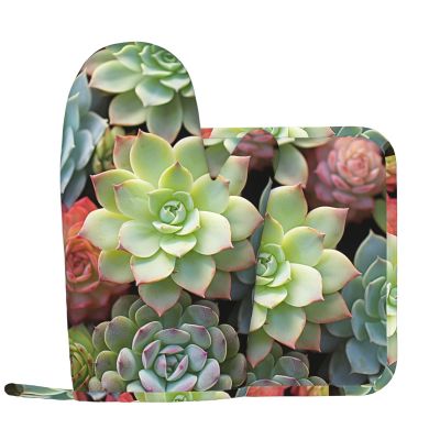 Cactus Succulents Oven Mitts and Pot Holders 2 PCS for Kitchen Heat Resistant Non Slip Oven Gloves Hot Pads Funny Oven Mitt Potholder with Hanging Loop for Cooking Grilling Baking BBQ Kitchen Decor