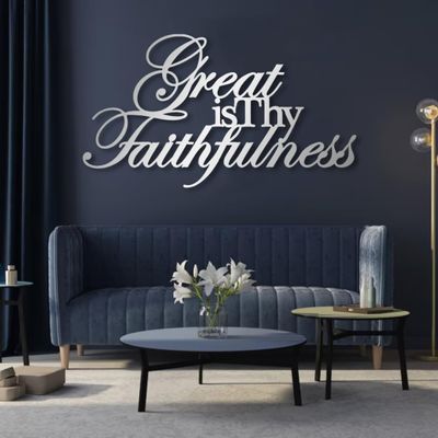 Metal Bible Verses Wall Decor-Great is Thy Faithfulness Metal Scripture Sign,Great is Your Faithfulness Wall Art,Bible Inspirational Saying Quotes Decor,Living Room Hanging(52"x 29"| 134x76cm, Sliver)