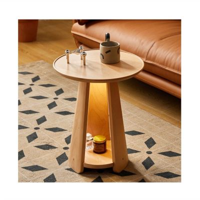 CHICKEN Coffee Table Round Side Table Home Wooden Small Coffee Table Living Room Bedroom Corner Table Double Storage Rack with Night Light Living Room Table