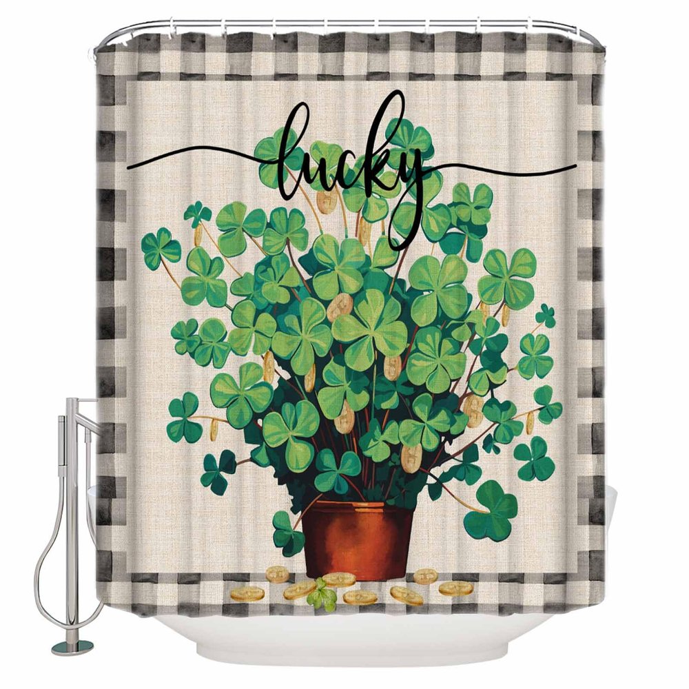 St. Patrick's Day Shower Curtain for Bathroom 48" x 72", Green Clover Black Buffalo Plaid Linen Texture Shower Curtain with Hooks Polyester Waterproof Home Bathtub Decor