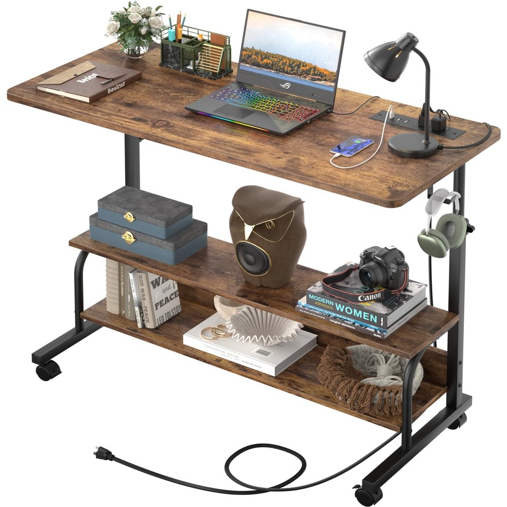 Besiost 39" Height Adjustable Standing Desk with Power Outlets - Manual Rolling Stand Up Desk with Wheels Small Portable Computer Desk Mobile Laptop Table with Storage Shelves for Home Office, Rustic