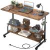 Besiost 39" Height Adjustable Standing Desk with Power Outlets - Manual Rolling Stand Up Desk with Wheels Small Portable Computer Desk Mobile Laptop Table with Storage Shelves for Home Office, Rustic view 1