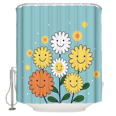 Abstract Shower Curtain for Bathroom 66" x 72", Cute Yellow and White Smile Flowers Blue Shower Curtain with Hooks Polyester Waterproof Home Bathtub Decor