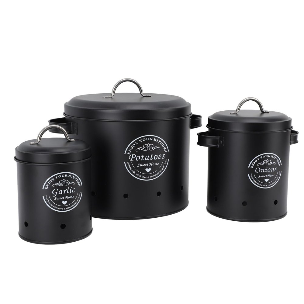CHICIRIS Potato Storage, 3 Pcs/Set(S-1.33 L, M-2.6 L, L-7.2 L) Potato and Onion Storage Bin, Onion Storage, Onion and Potato Storage Bins, for Storage Potato, Onion (Black)