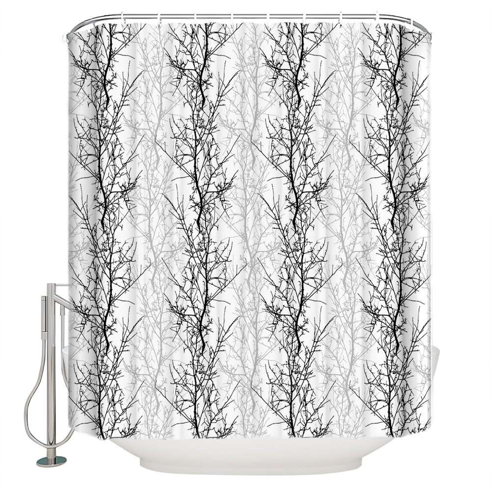 Abstract Style Shower Curtain for Bathroom 54" x 78", Tree Branches Gray and Black Gradient Shower Curtain with Hooks Polyester Waterproof Home Bathtub Decor