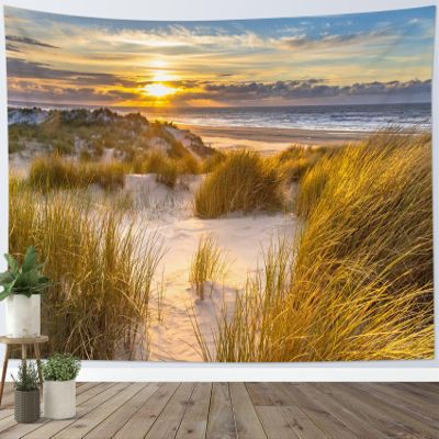 HVEST Ocean Beach Tapestry Wall Hanging, Seaside Grass and Sunrise Sunset Wall Decor, Nature Landscape Tapestry for Living Room Bedroom Aesthetic Decor, 40L x 60W Inches