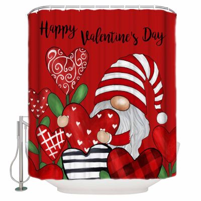 Happy Valentine's Day Shower Curtain for Bathroom 36" x 72", Love Heart Trees Gnome Red Background Shower Curtain with Hooks Polyester Waterproof Home Bathtub Decor