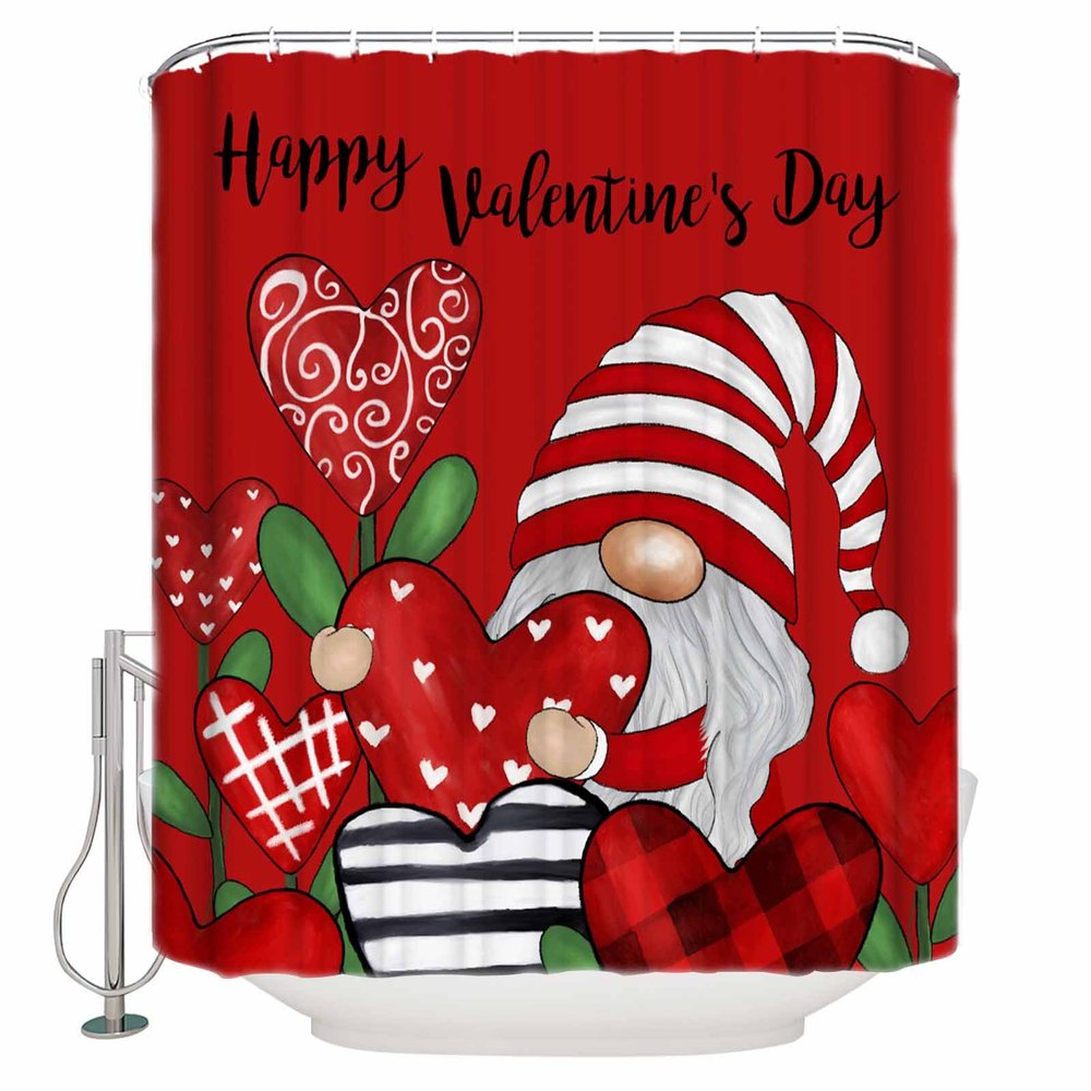 Happy Valentine's Day Shower Curtain for Bathroom 36" x 72", Love Heart Trees Gnome Red Background Shower Curtain with Hooks Polyester Waterproof Home Bathtub Decor