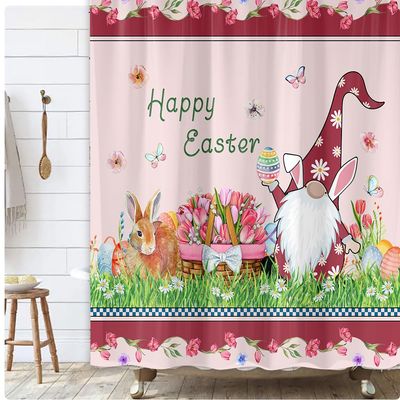 MDUKOIN Happy Easter Shower Curtain Set,Cartoon Easter Dwarf and Rabbit Shower Curtain for Bathroom Decor,Cartoon Colorful Eggs Shower Curtain for Bathtub 60X72in