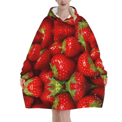 AMAZWI Red Strawberry Fruit Wearable Blanket Hoodie, Oversized Blanket Sweatshirt Soft Warm Comfortable Pullover With Pocket
