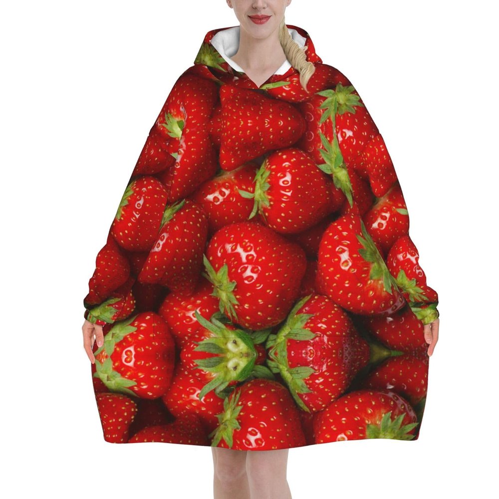 AMAZWI Red Strawberry Fruit Wearable Blanket Hoodie, Oversized Blanket Sweatshirt Soft Warm Comfortable Pullover With Pocket