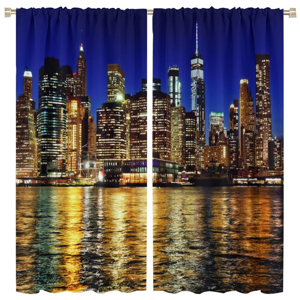 City Curtains Manhattan New York City USA Skyline Night of View Ocean Modern 3D Print Pattern for Bedroom Living Room Darkening Window Drapes 2 Panels 52x96in