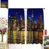 City Curtains Manhattan New York City USA Skyline Night of View Ocean Modern 3D Print Pattern for Bedroom Living Room Darkening Window Drapes 2 Panels 52x96in view 3