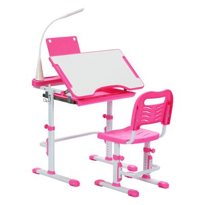 Real Relax Kids Desk and Chair Set, Children's Multifunctional School Tables with Tilt Desktop, LED Light, Metal Hook Pink
