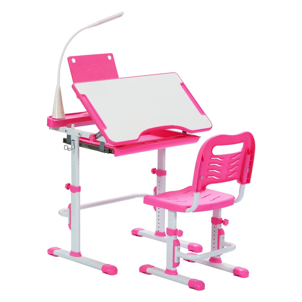 Real Relax Kids Desk and Chair Set, Children's Multifunctional School Tables with Tilt Desktop, LED Light, Metal Hook Pink