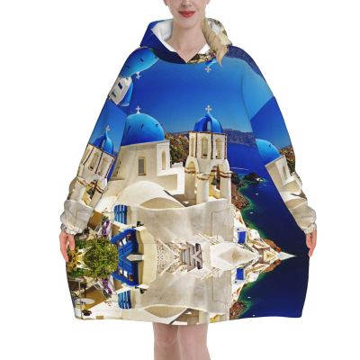 AMAZWI Santorini Greek Island Sea View Wearable Blanket Hoodie, Oversized Blanket Sweatshirt Soft Warm Comfortable Pullover With Pocket