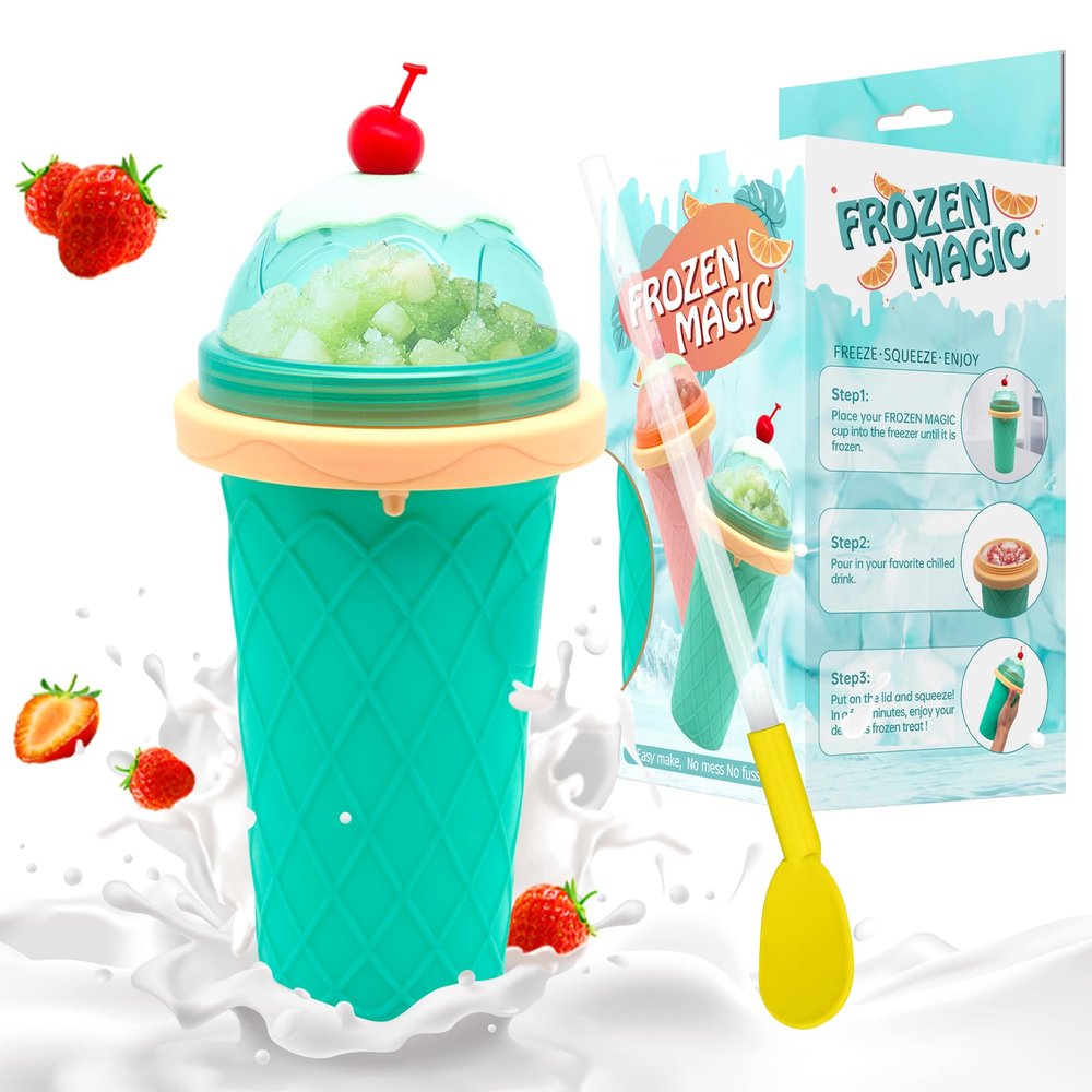 Bollove Slushie Cup, Smoothie Cups with Lids & Straws, Slushy Cup for Juices, Milk and Ice Cream Make, Portable Frozen Magic Slushie Cup Maker for Kids, Friends and Family (Green), inch