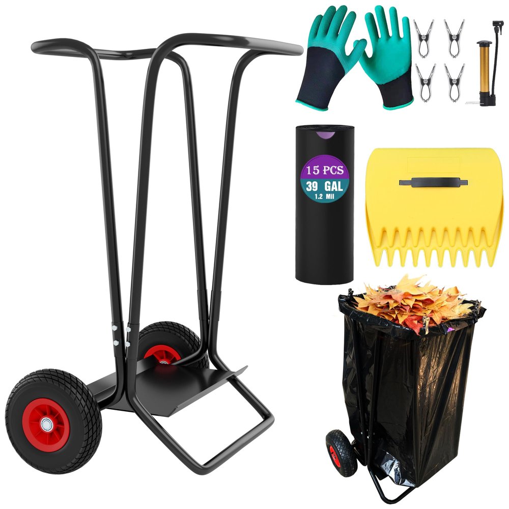 AimGrowth Mobile Trash Bag Holder Outdoor Lawn Leaf Bag Holder with Wheels and 15 Count 39 Gallon Drawstring Trash Bags | Holds 35-65 Gallon Leaf Bags for Leaves Weeding Camping Party