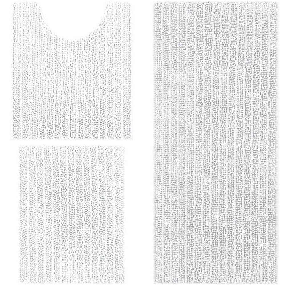 Arotive Chenille Bathroom Rugs and Toilet Rugs U-Shaped 3 Pieces, Bath Rug Size 30x20, 47x17 and Toilet Rugs Size 24x20 in White, 3 Item Bundle