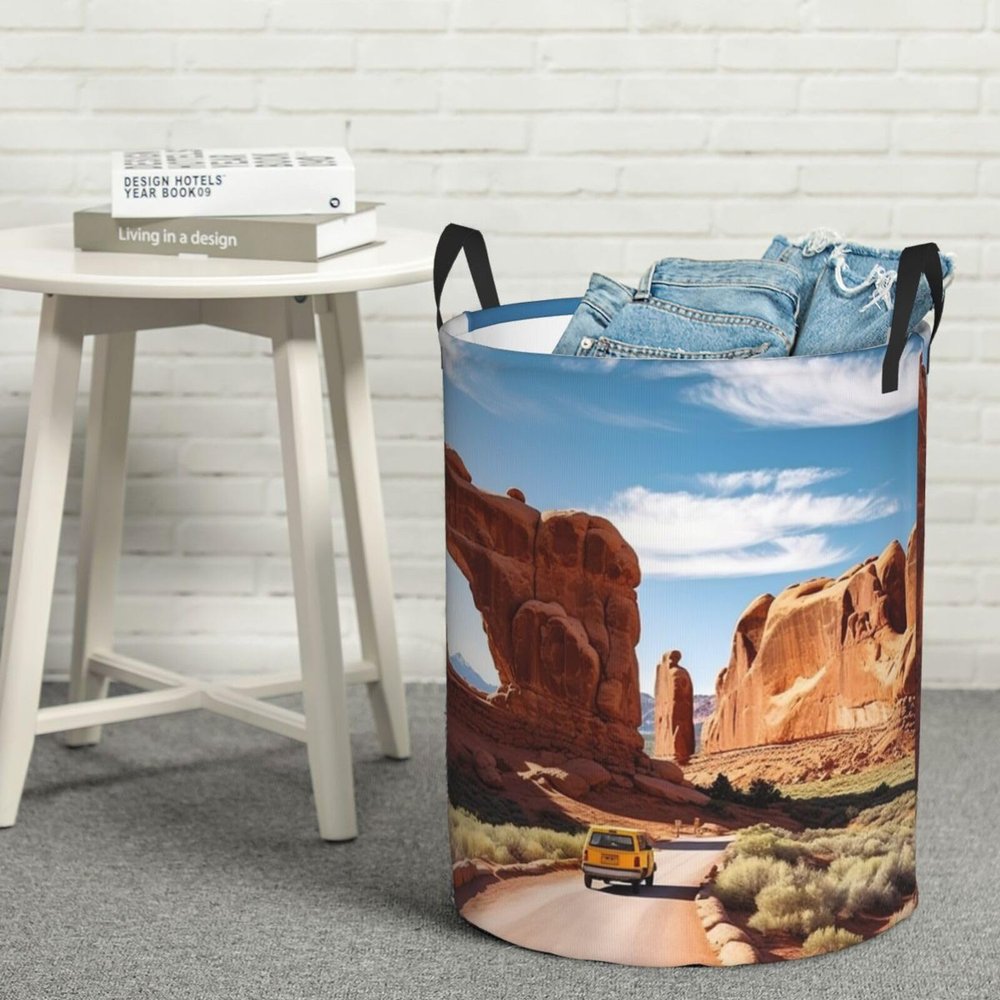 Arches national park entrance print Laundry Hamper with Handle Waterproof Collapsible Organizer Baskets Circular Dirty Clothes Organizer Basket Portable Storage Bin for Bathroom Bedroom Dorm