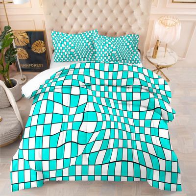 Jingzhang Plaid Comforter Set Full Size, 3D Print Creative Blue White Plaid Bedding Set Art Blue White Plaid Quilt Duvet Insert 3 Pieces
