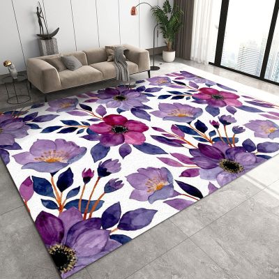 3D Blue Purple Orchid Area Rug, Hand Drawn Ink Leaves Retro Plant Living Room Carpet, Sofa Cushion Do Not Fade Pattern Clear Apply to Farmhouse Bedroom Area Bath Mat,58ft/150 * 240cm