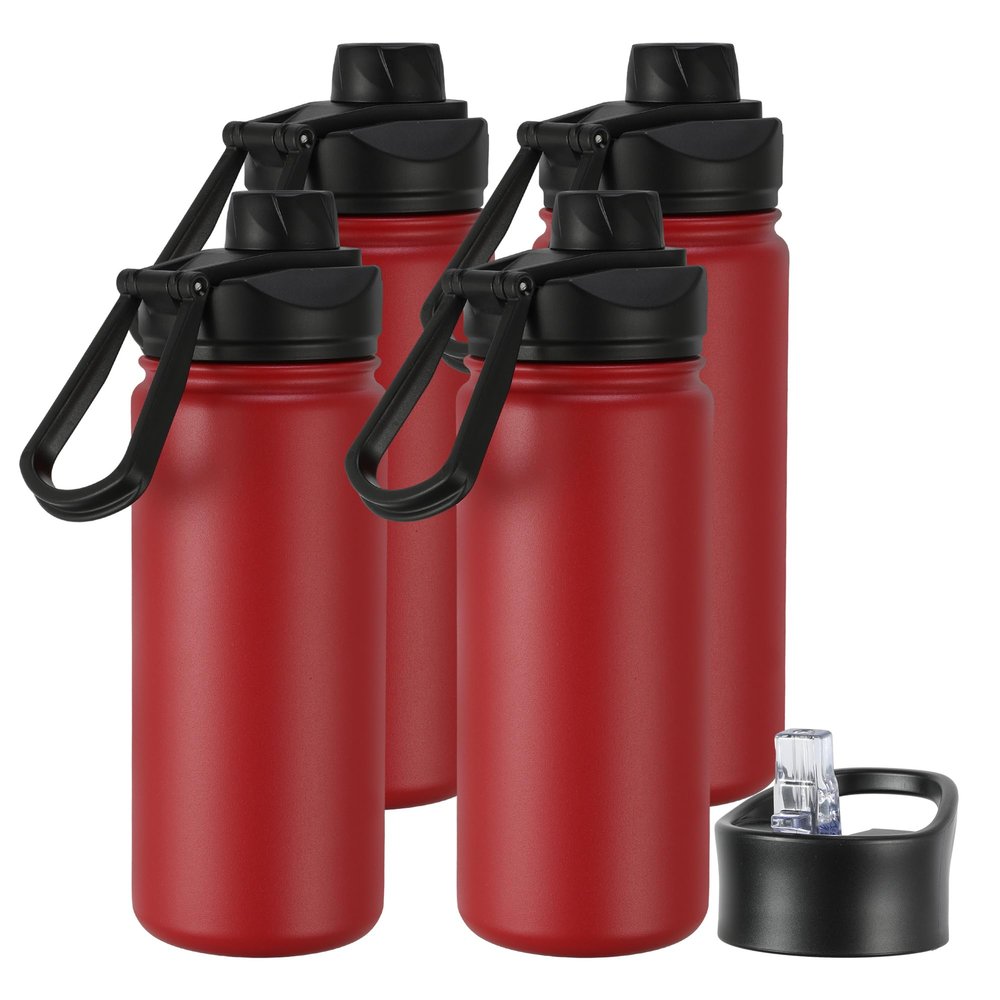 16 oz Insulated Water Bottle with Straw Lids, Stainless Steel Kids Water Bottles for School, Double Wall Vacuum Metal Water Bottle with Straw & Wide Mouth Lid, Red 4 Pack