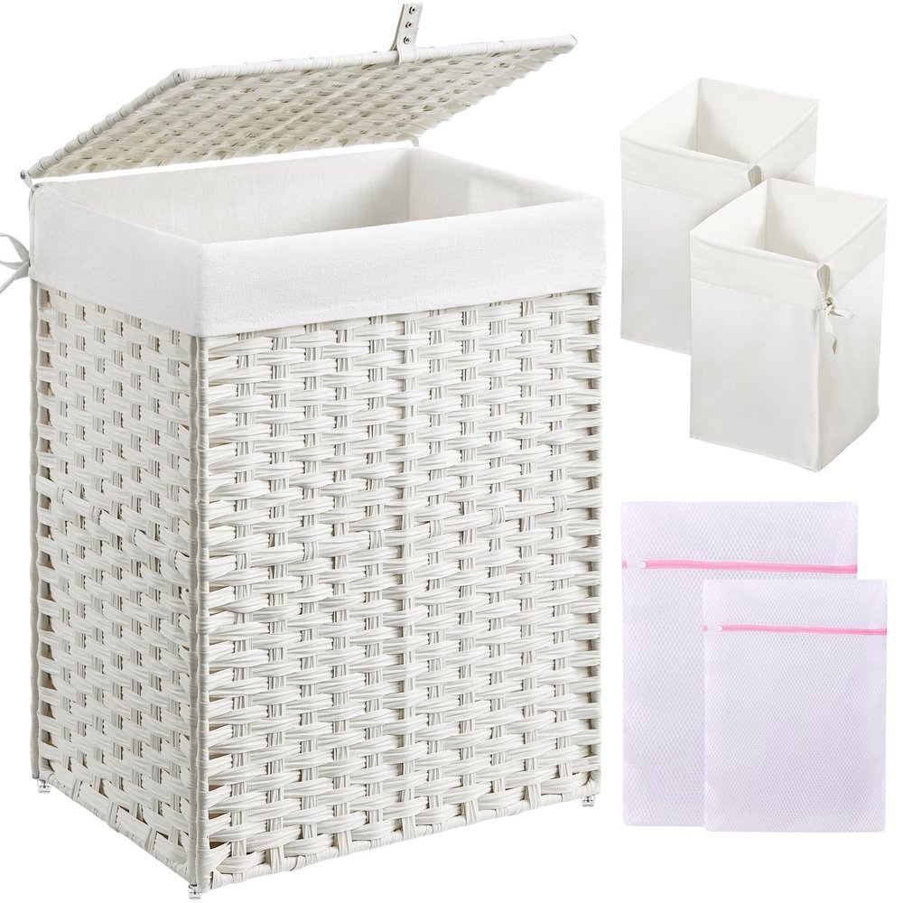 Greenstell Laundry Hamper with Lid, 90L Clothes Hamper with 2 Removable Liner Bags & 2 Mesh Laundry Bags, Handwoven Synthetic Rattan Laundry Basket for Clothes, Toys in Bathroom, Bedroom White