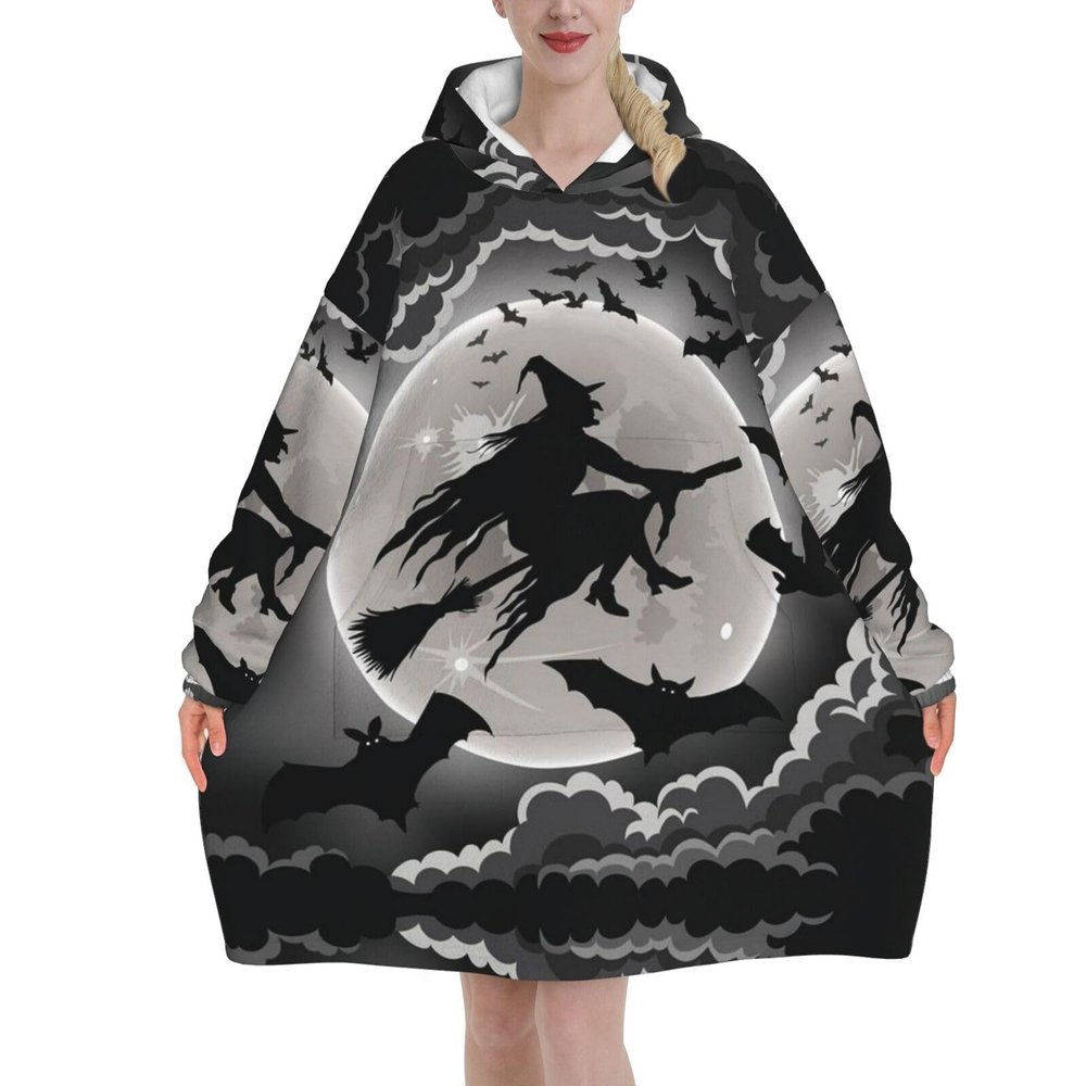 AMAZWI Halloween Witch Wearable Blanket Hoodie, Oversized Blanket Sweatshirt Soft Warm Comfortable Pullover With Pocket