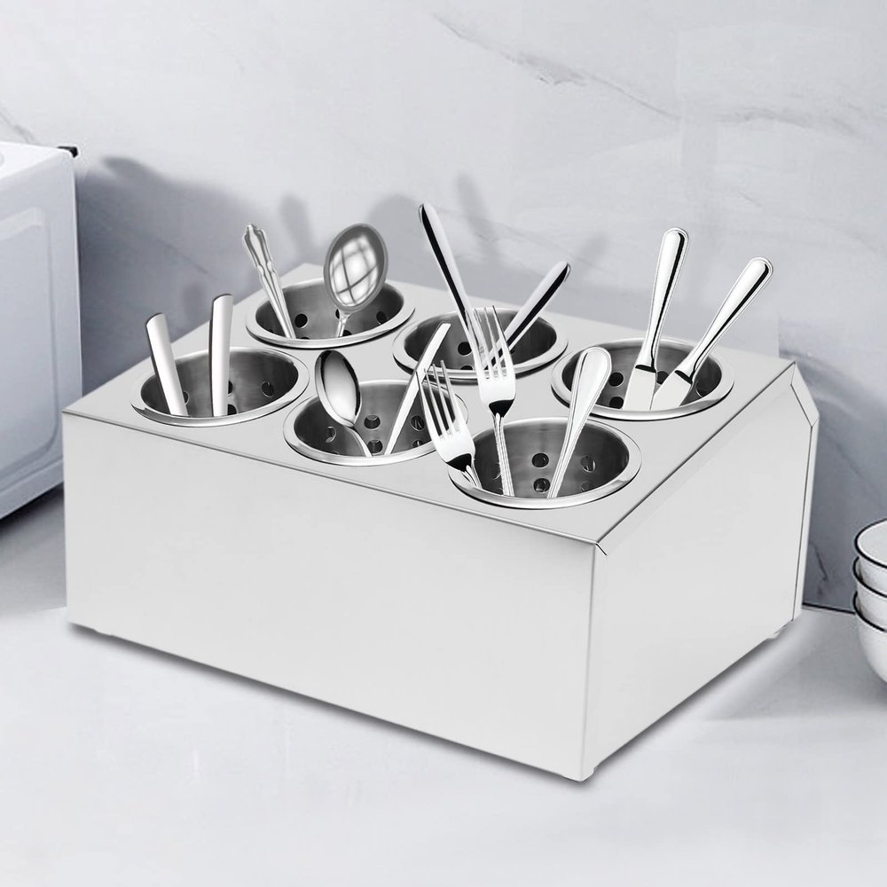 DUTTIETY Flatware Organizers Stainless Steel, 6 Holes Cylinder Flatware Organizer, Silver Cylinder Flatware Silverware Utensil Holder Caddy
